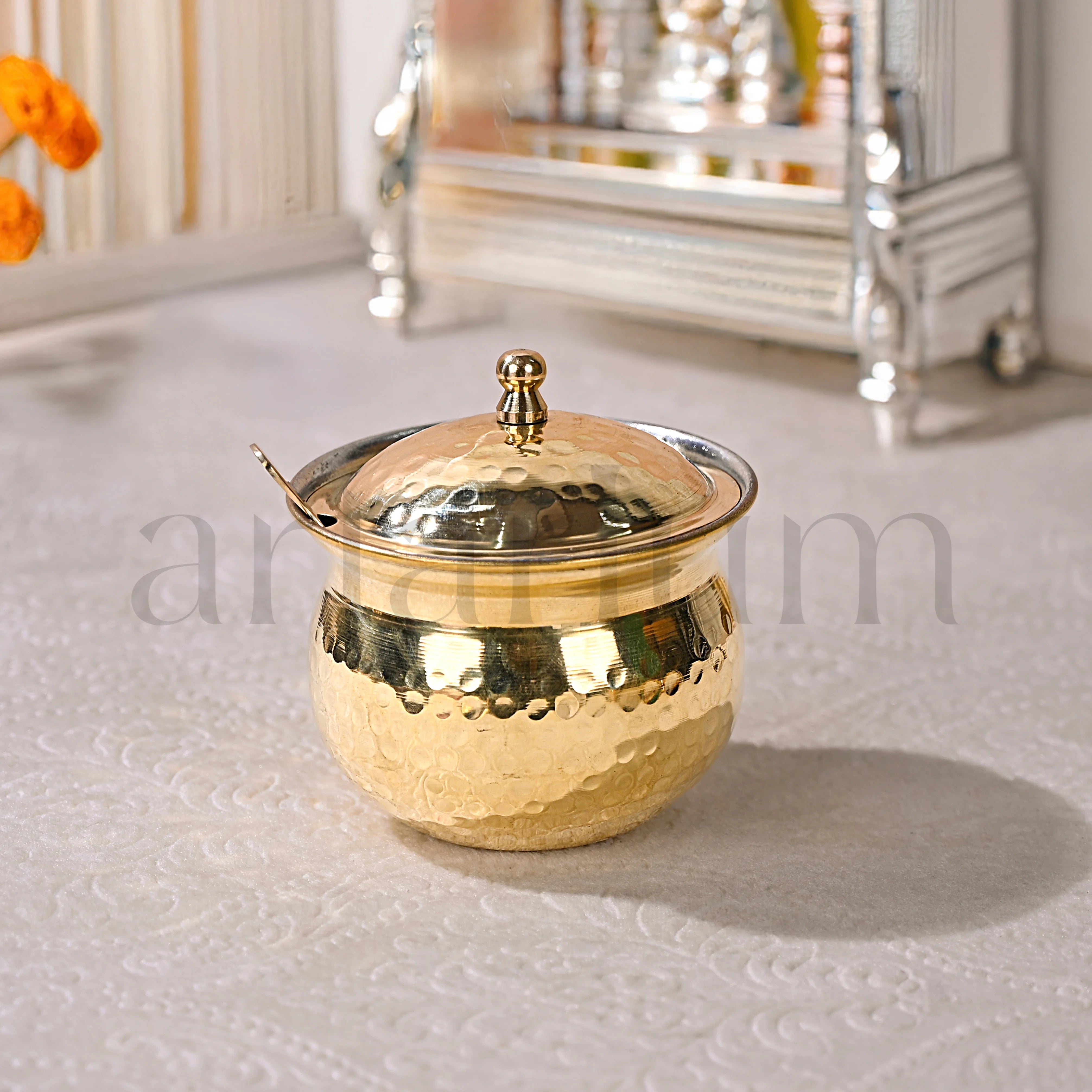 Brass Hammered Ghee Pot with Spoon & Lid