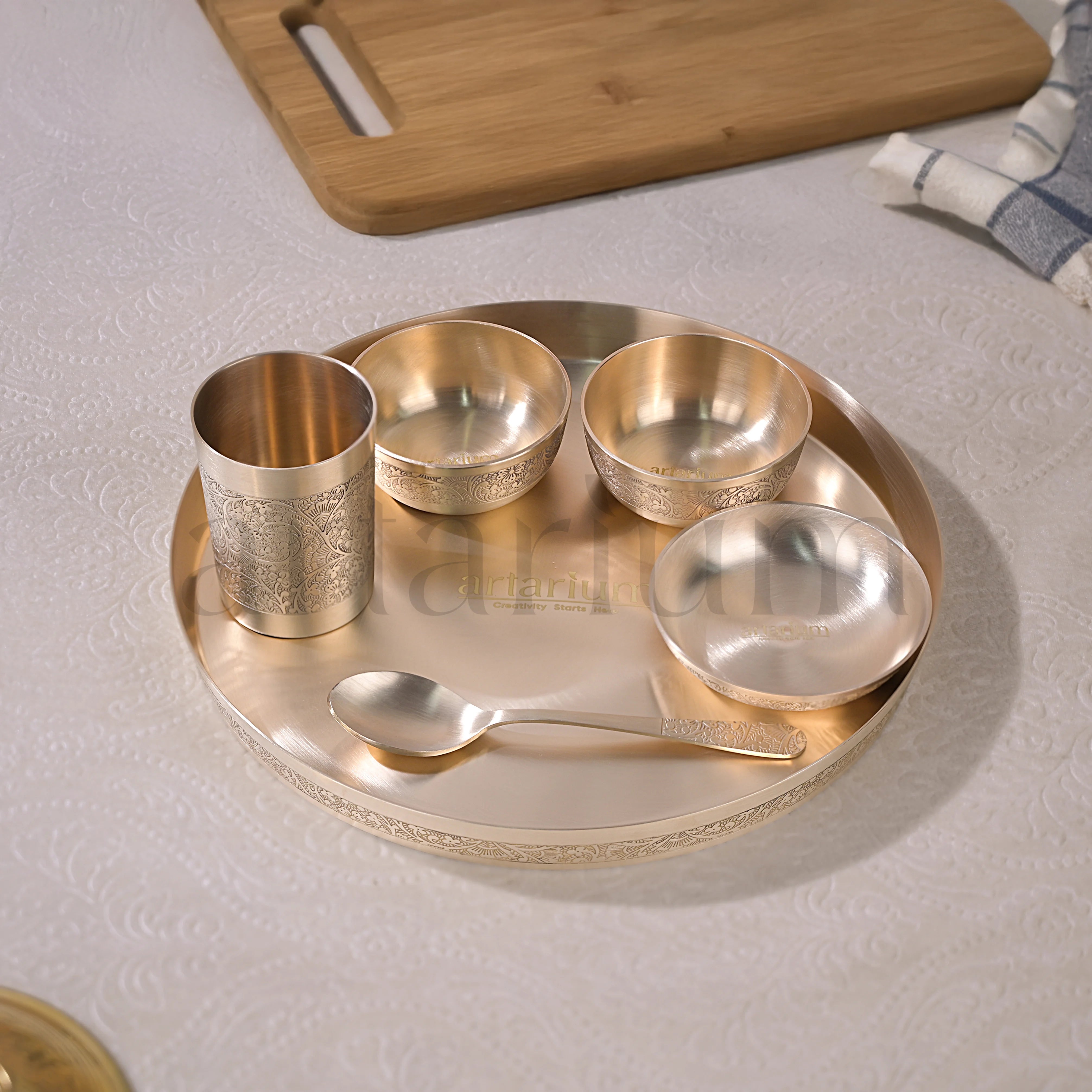 Handcrafted Etching brass thali - set of 6