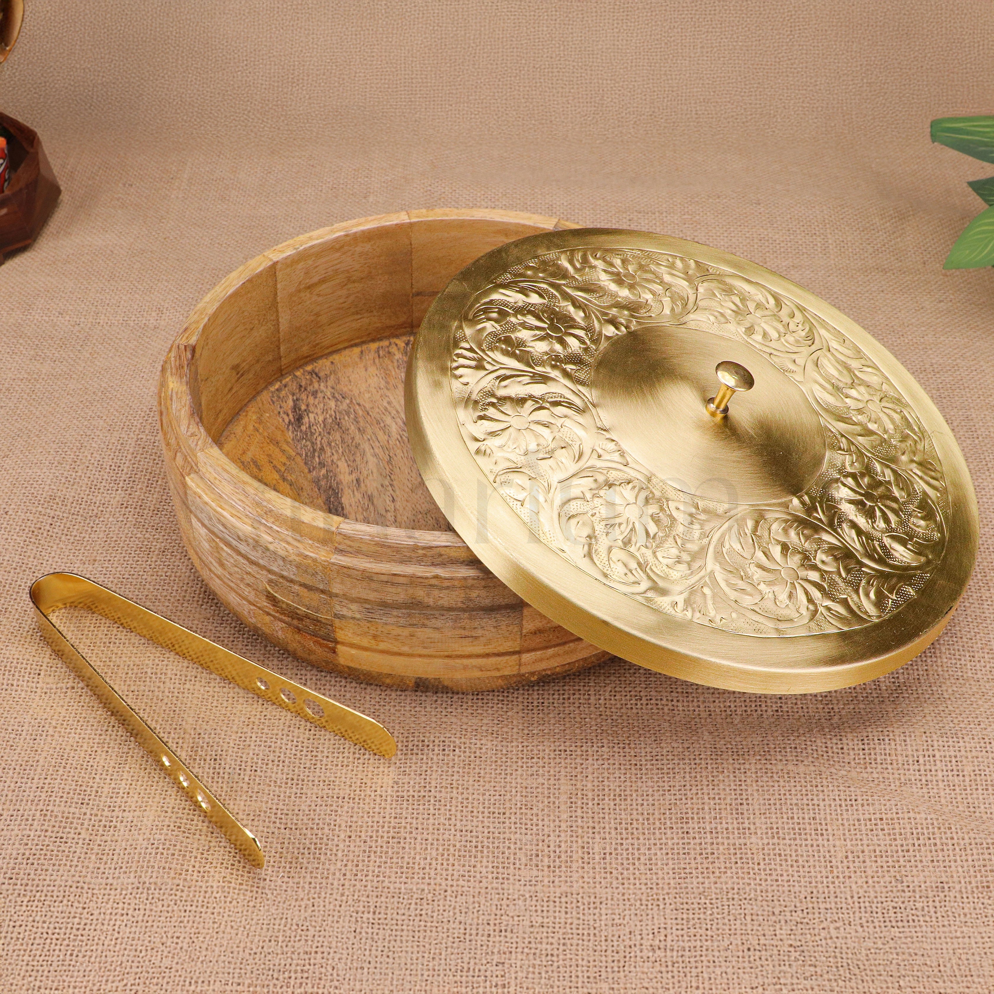 Wooden Roti Box with Brass Lid & Tongs