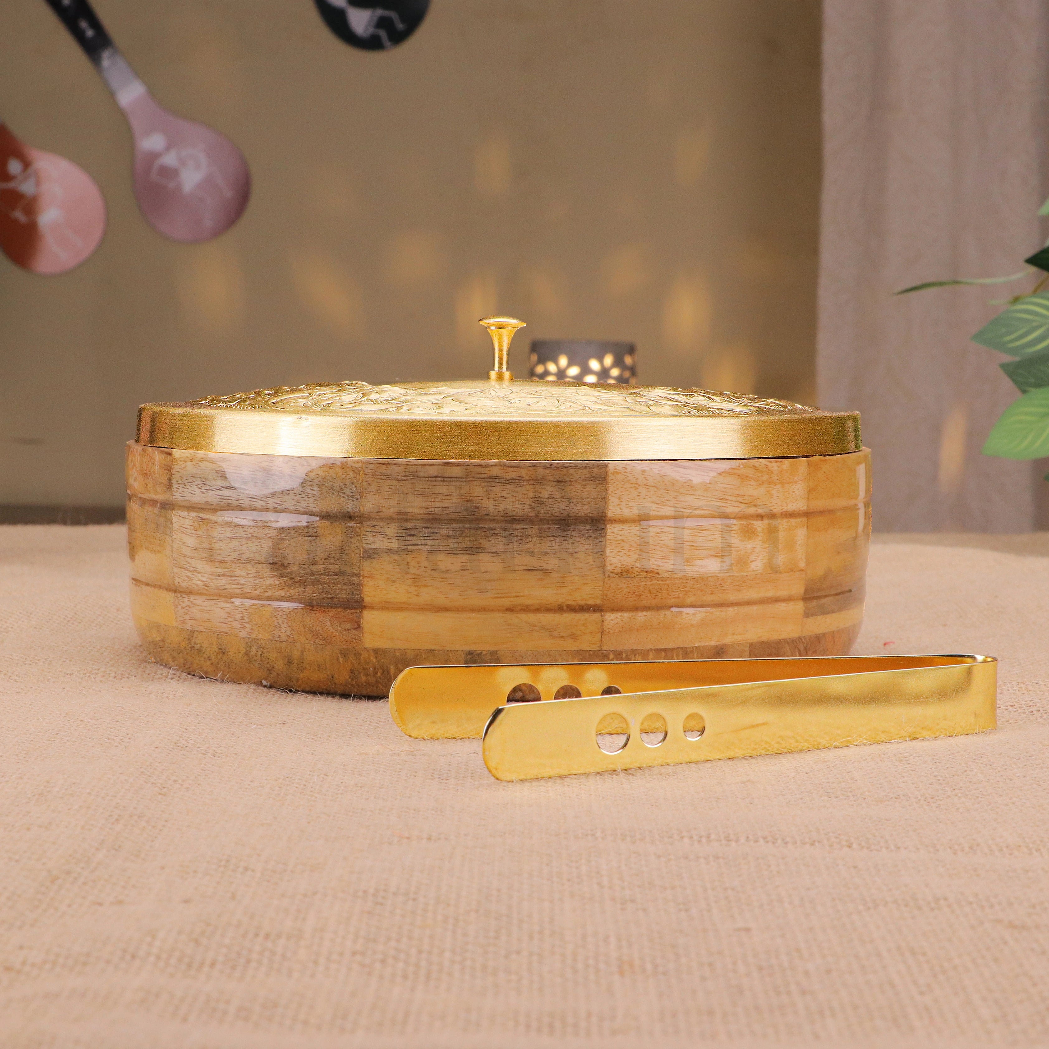 Wooden Roti Box with Brass Lid & Tongs