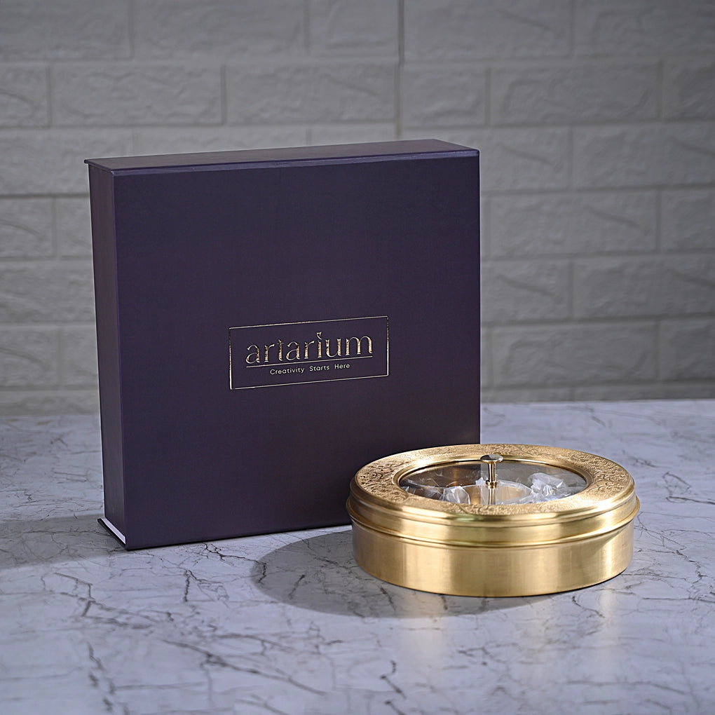 Brass Masala Box with See-through Lid in Gift Box