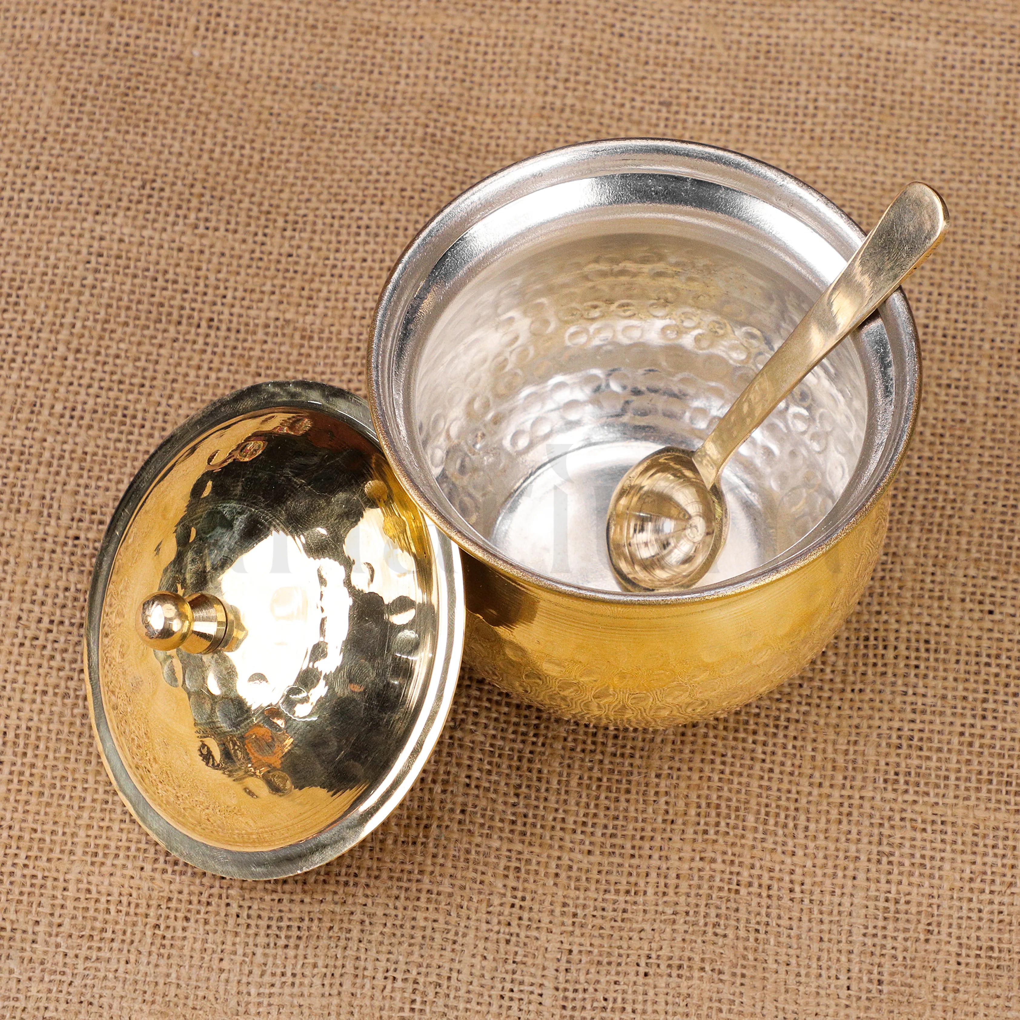 Brass Hammered Ghee Pot with Spoon & Lid